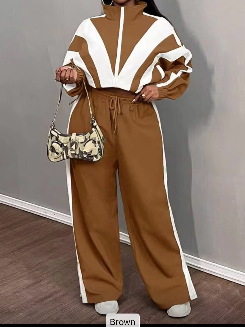 NWOT Brown and White Two Piece Track Suit
